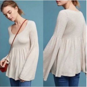 Anthropologie Knitted & Knotted Smocked Babydoll Bell Sleeve Sweater Large PL
